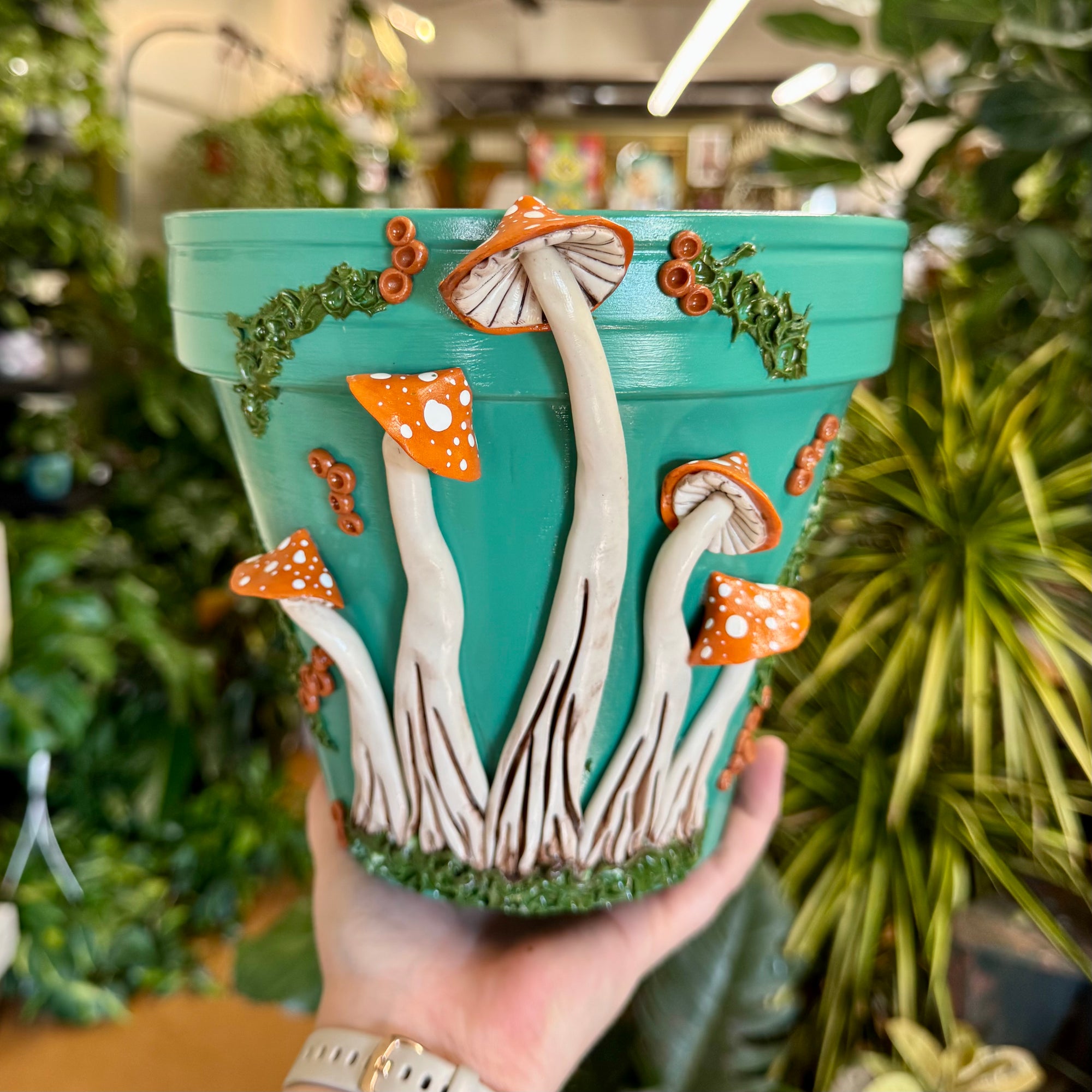 8" Mushie Pot: Teal w/ Burnt Orange Mushies