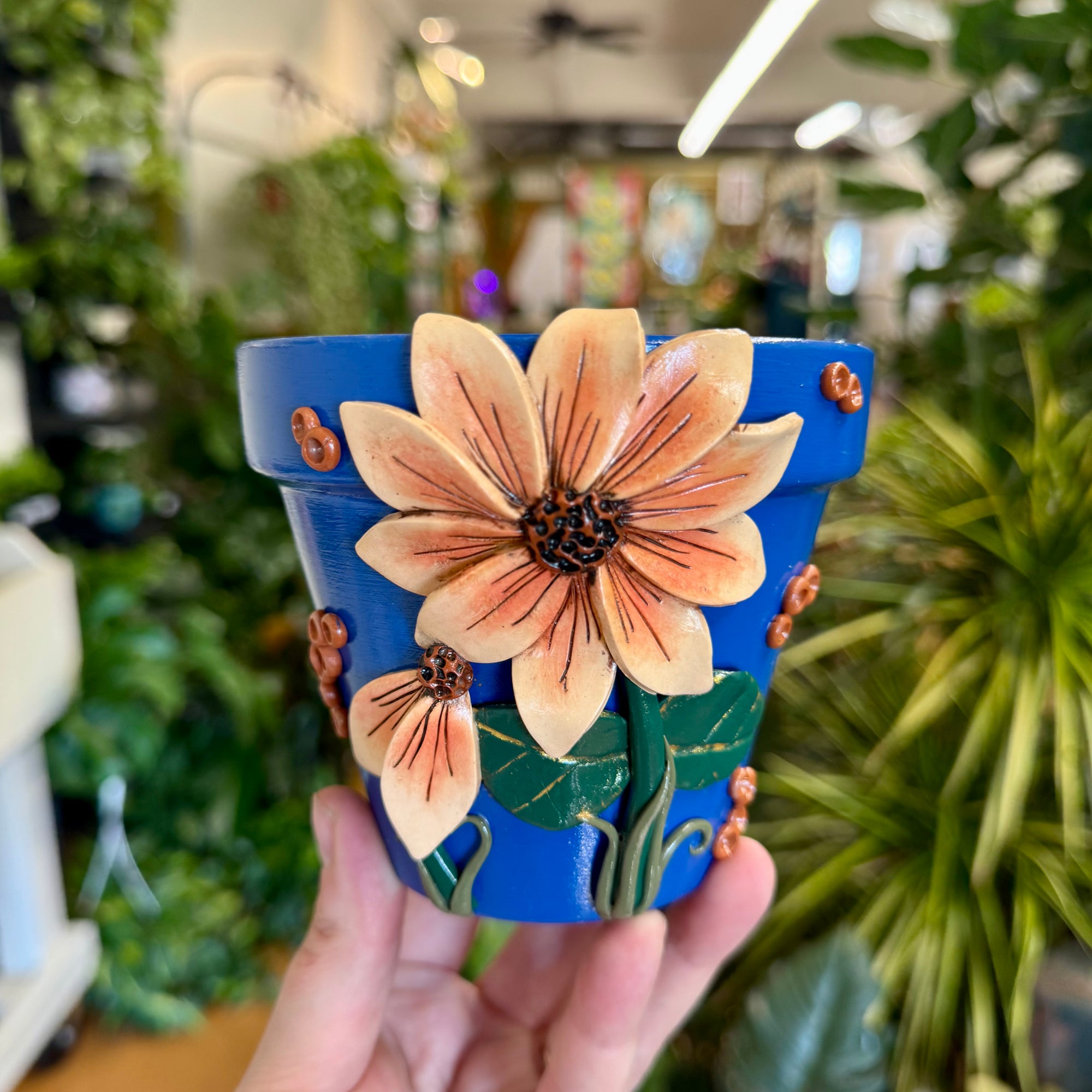 4" Flower Pot: Blue w/ Peach-Orange Flowers