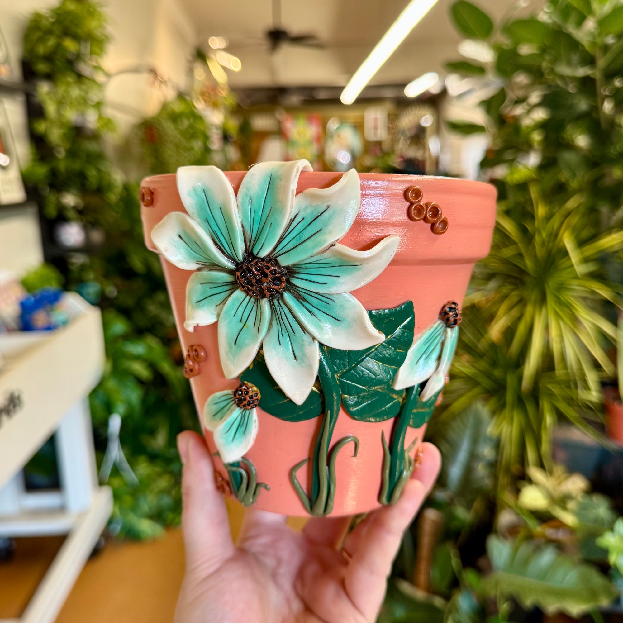 6" Flowers Pot: Pink w/ Blue-White Flowers