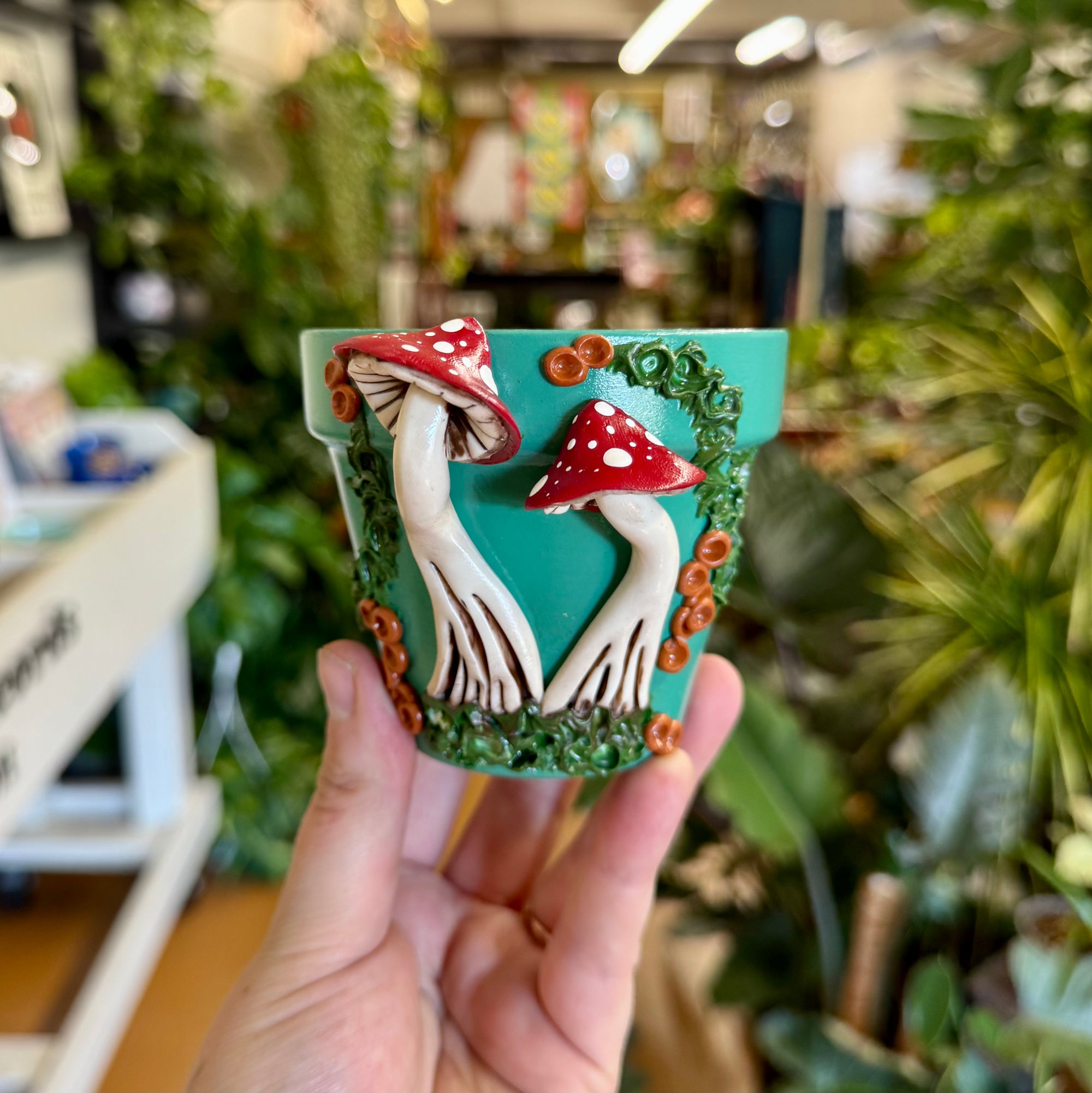 3" Mushies Pot: Teal w/ Red Mushies