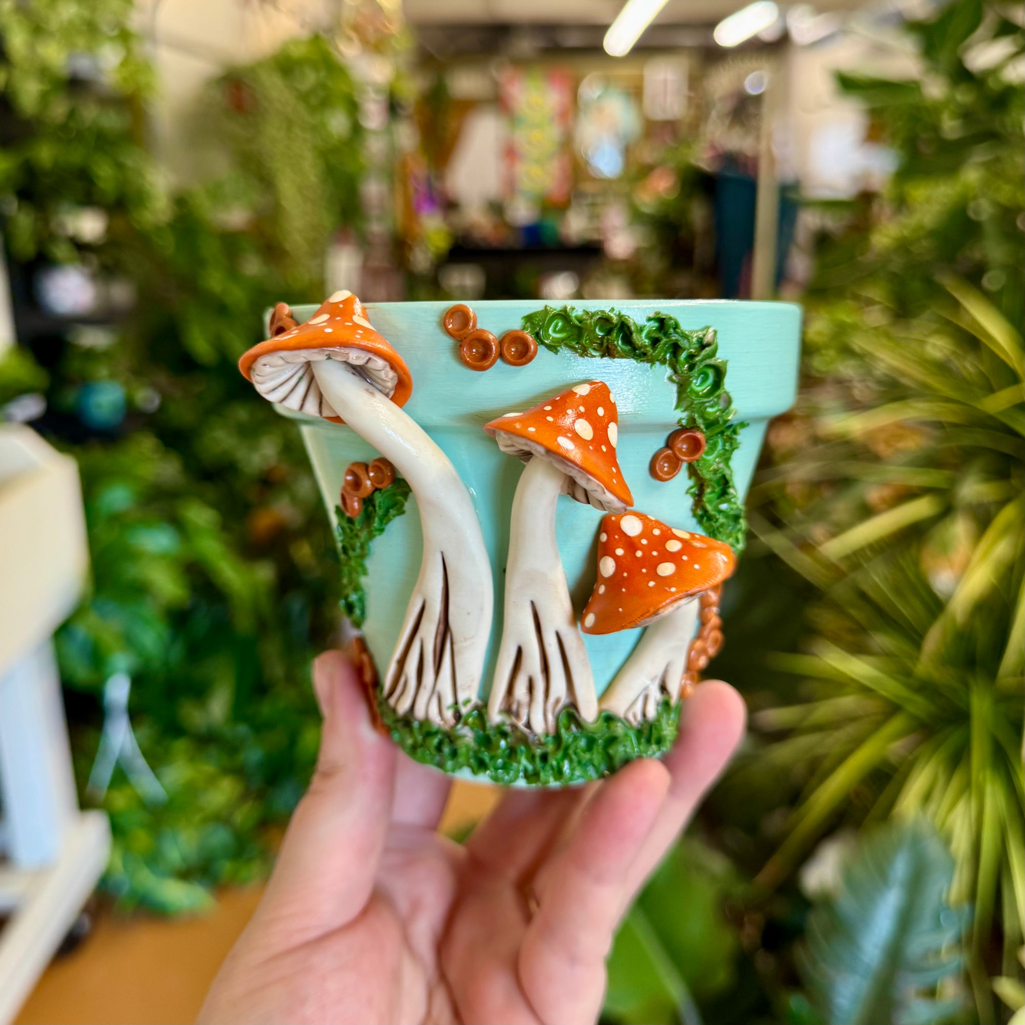 4" Mushies Pot: Sky Blue w/ Burnt Orange Mushies