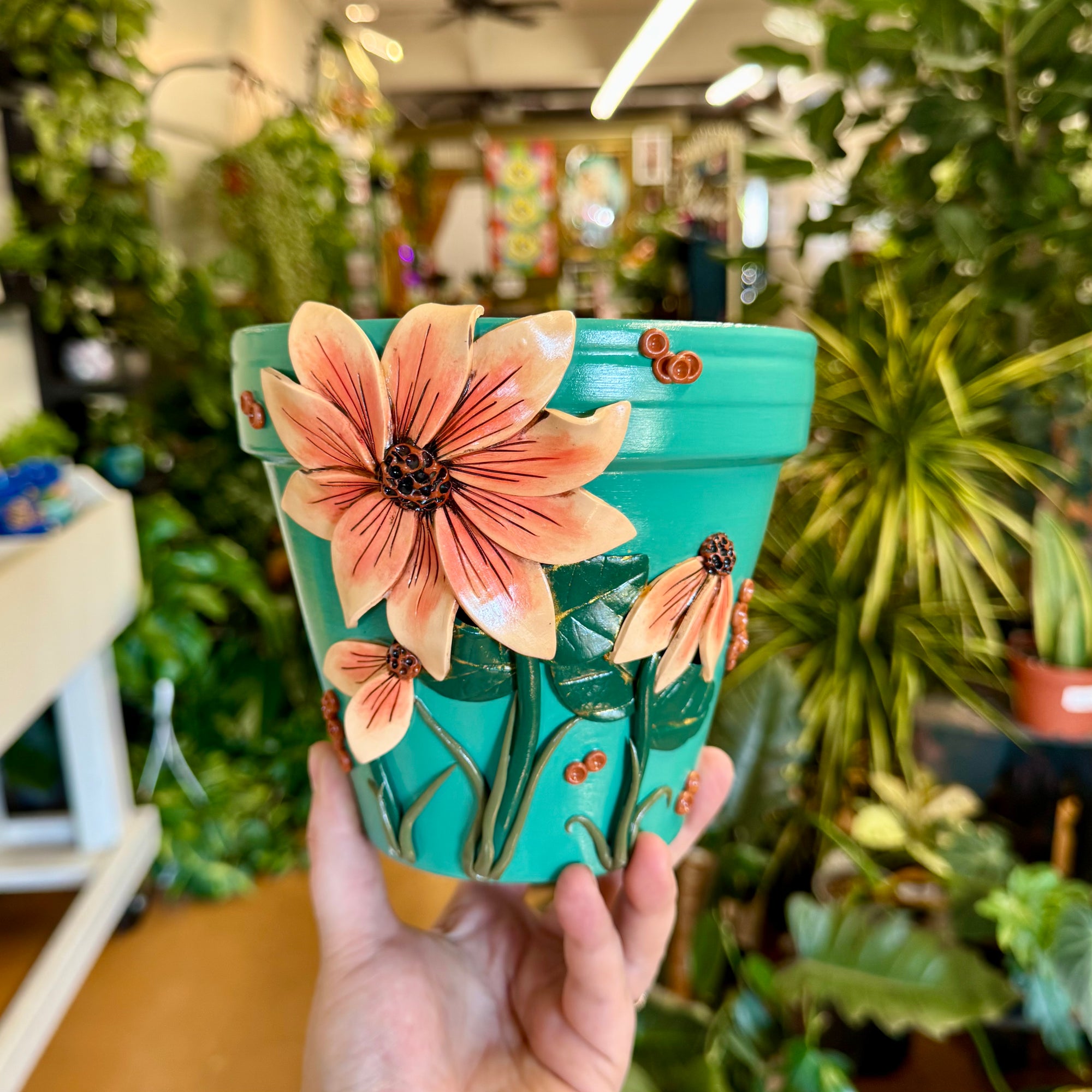 6" Flowers Pot: Teal w/ Peach-Orange Flowers
