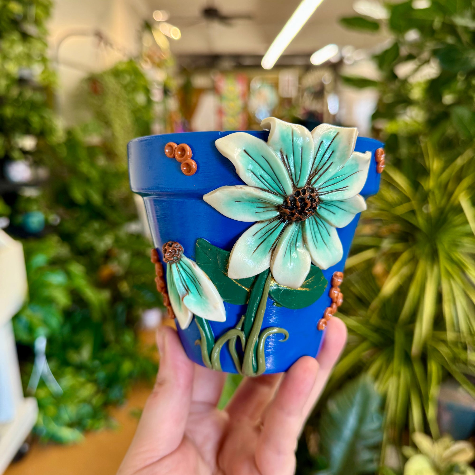 4" Flower Pot: Blue w/ Teal-White Flowers
