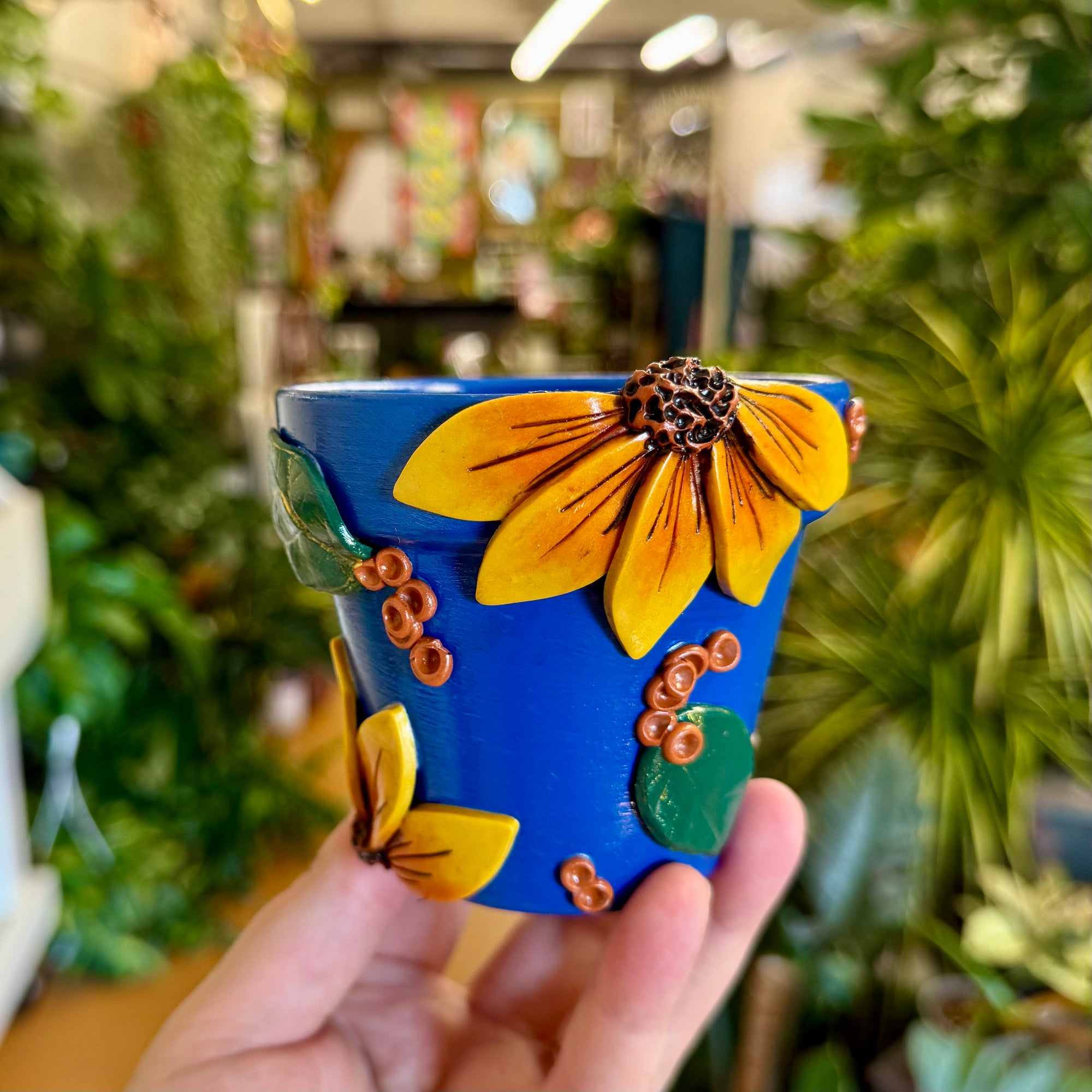 3" Flowers Pot: Blue w/ Mustard-Orange Flowers