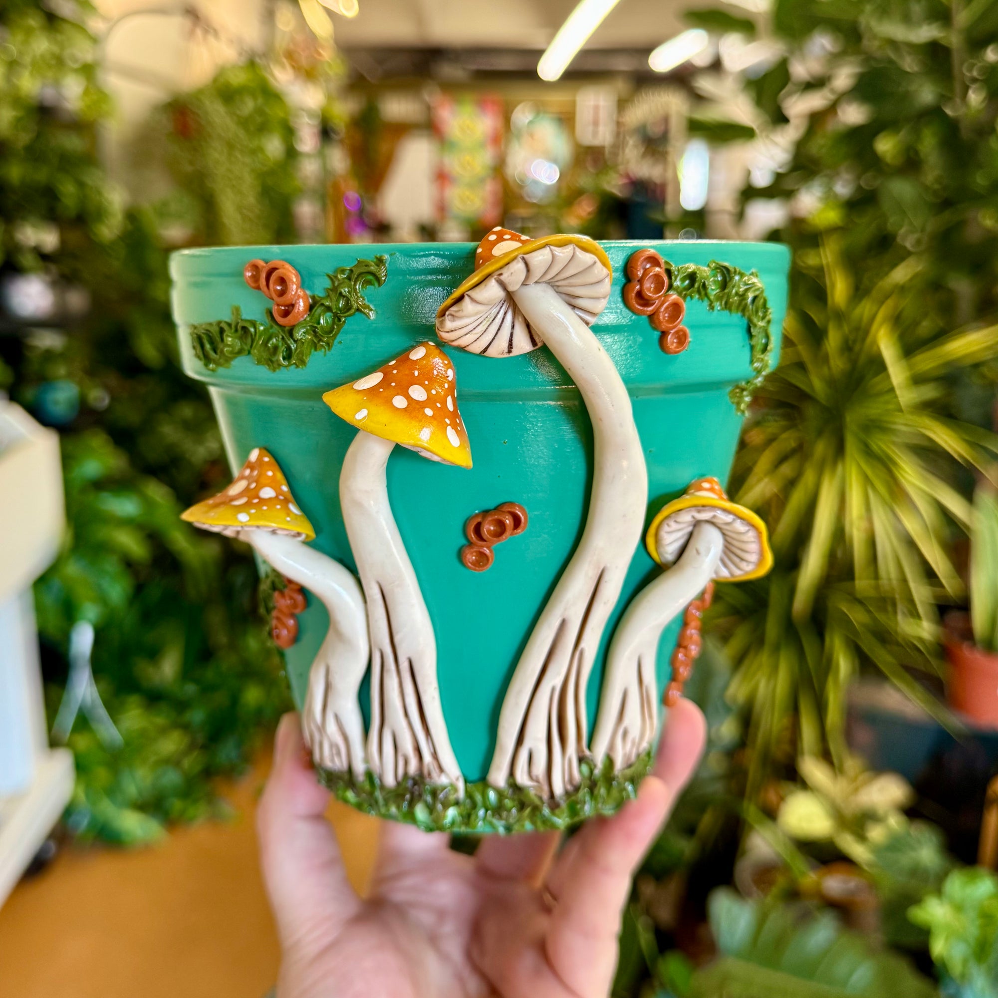6" Mushie Pot: Teal w/ Orange-Yellow Ombre Mushies