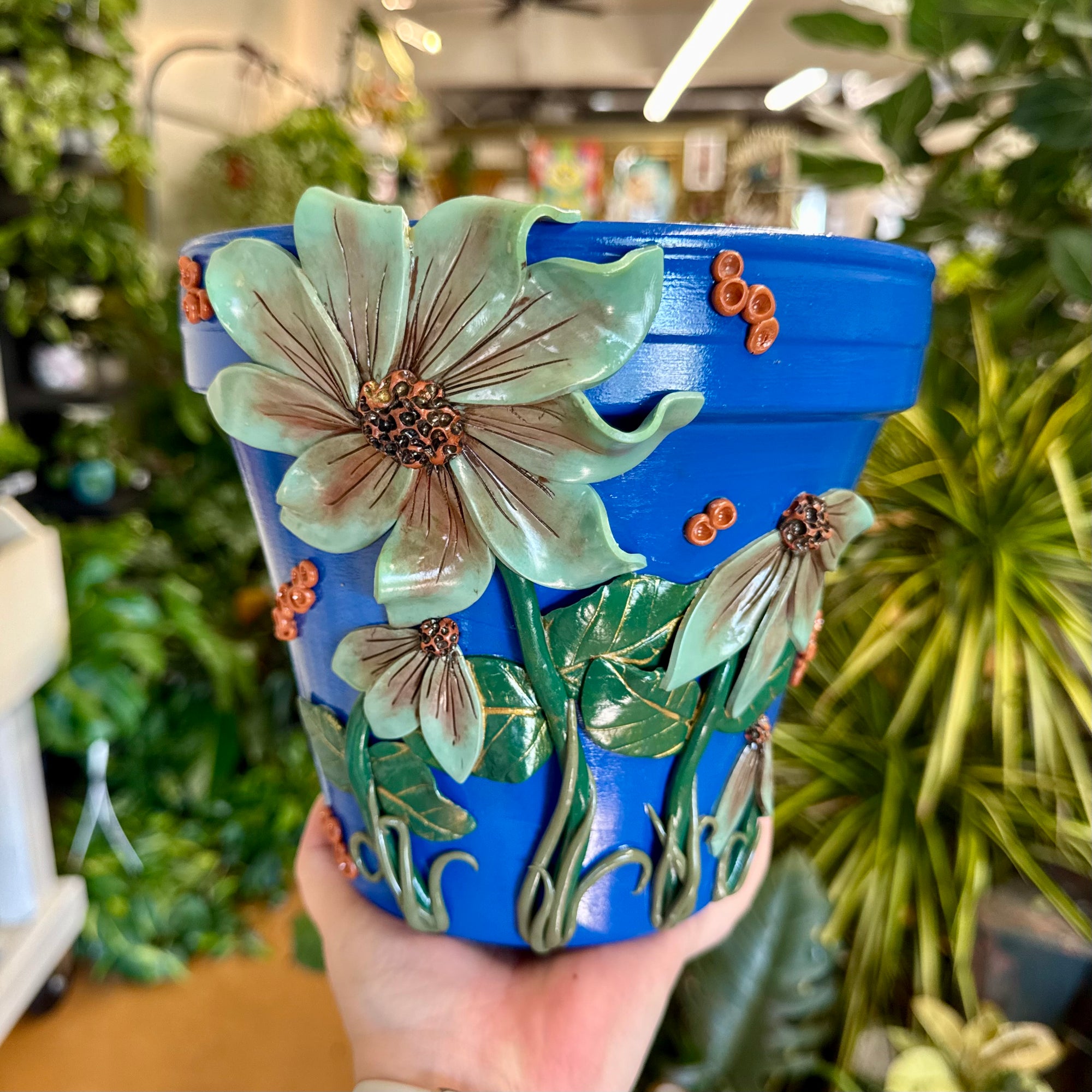 8" Flower Pot: Blue w/ Slate Blue Flowers