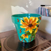 8" Flower Pot: Teal w/ Orange Flowers