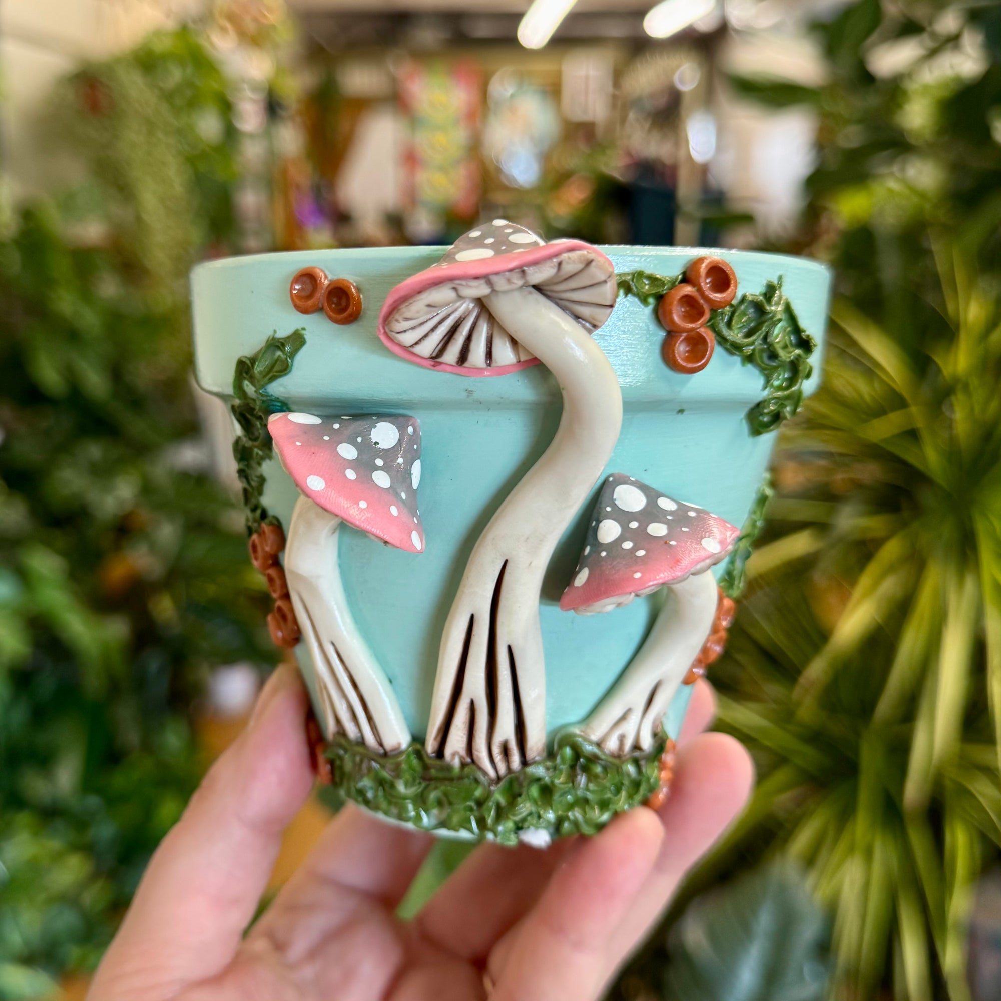 4" Mushie Pot: Sky Blue w/ Pink-Grey Mushies