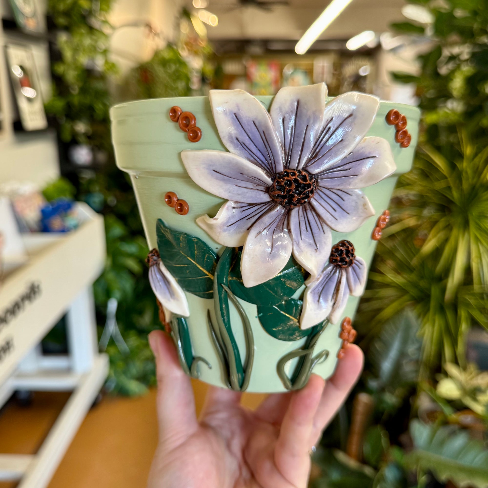 6" Flowers Pot: Mint w/ Purple-White Flowers