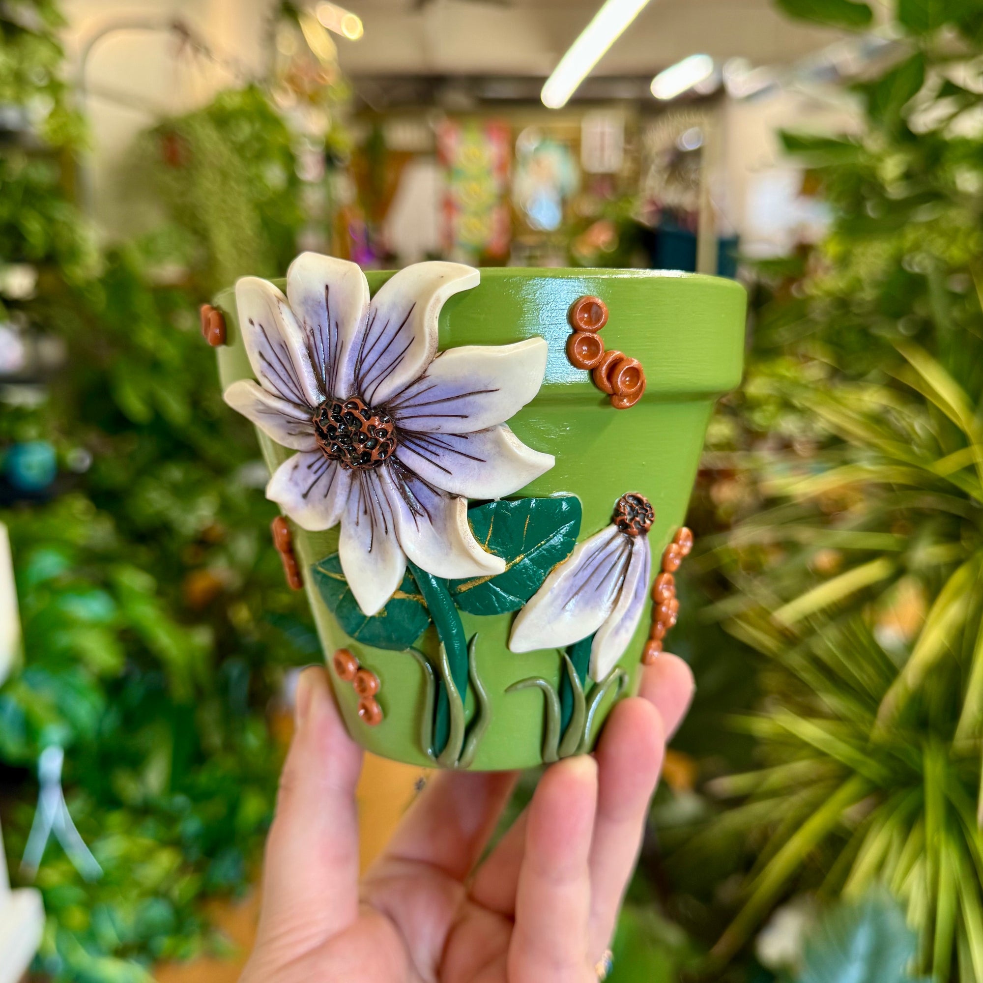 4" Flower Pot: Green w/ Purple-White Flowers