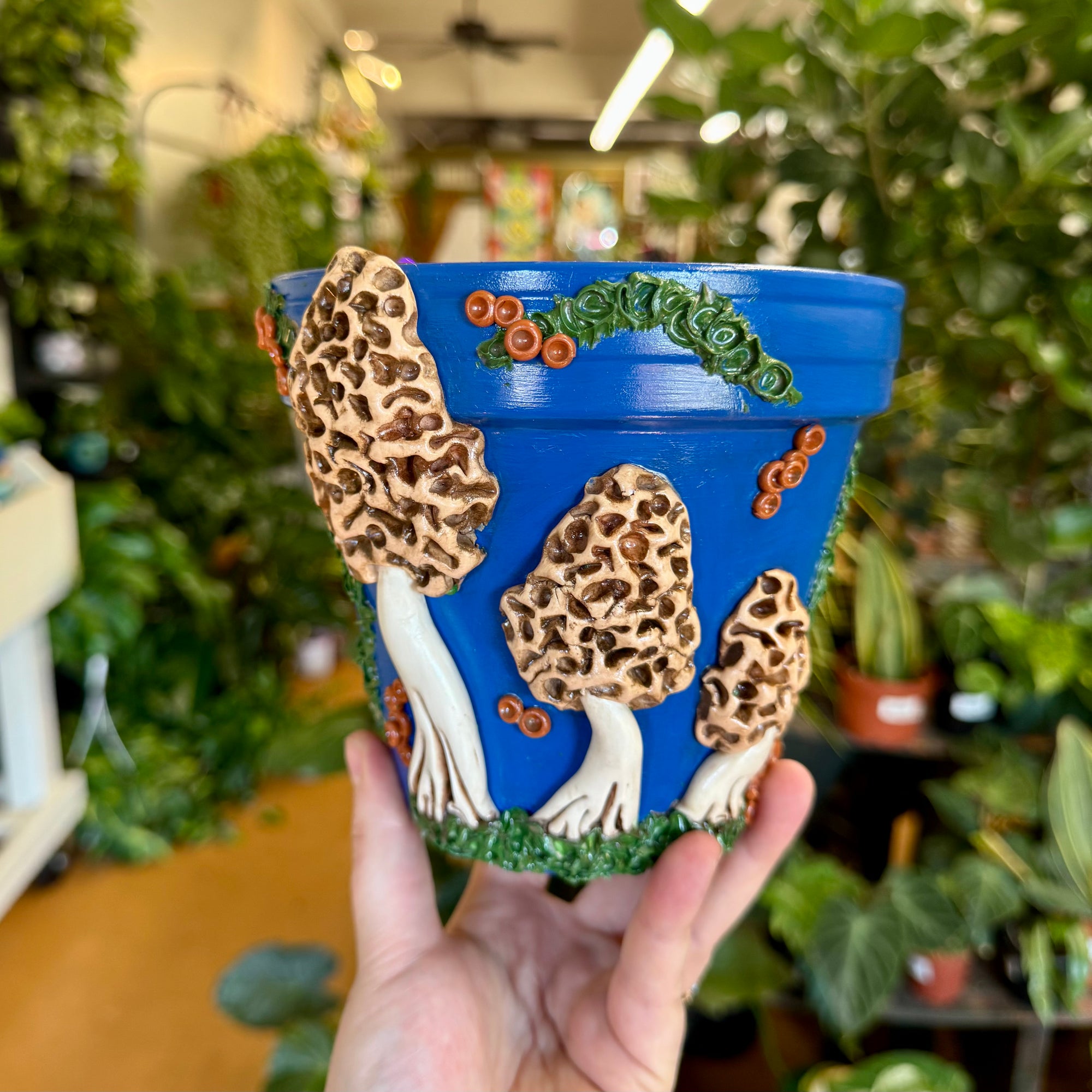 6" Mushie Pot: Blue w/ Morels