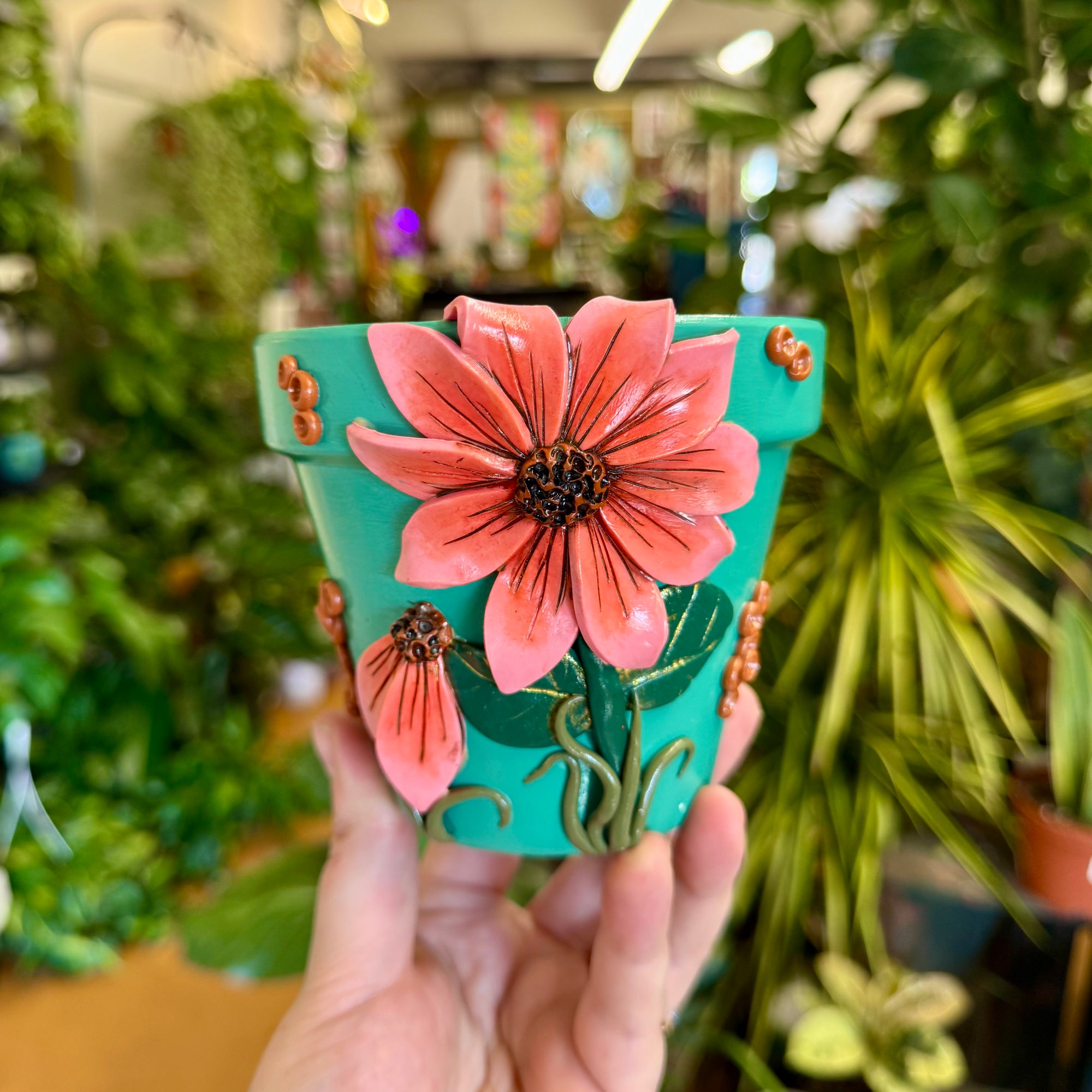4" Flower Pot: Teal w/ Pink Flowers
