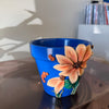 4" Flower Pot: Blue w/ Peach-Orange Flowers