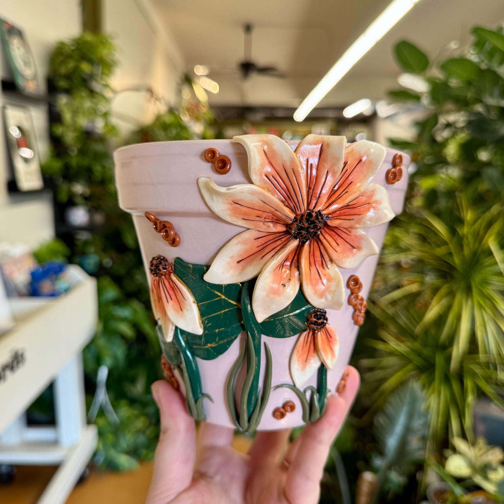 6" Flowers Pot: Blush Pink w/ White-Orange Flowers