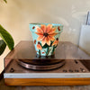 6" Flowers Pot: Sky Blue w/ Peach-Orange Flowers