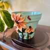 6" Flowers Pot: Sky Blue w/ Peach-Orange Flowers