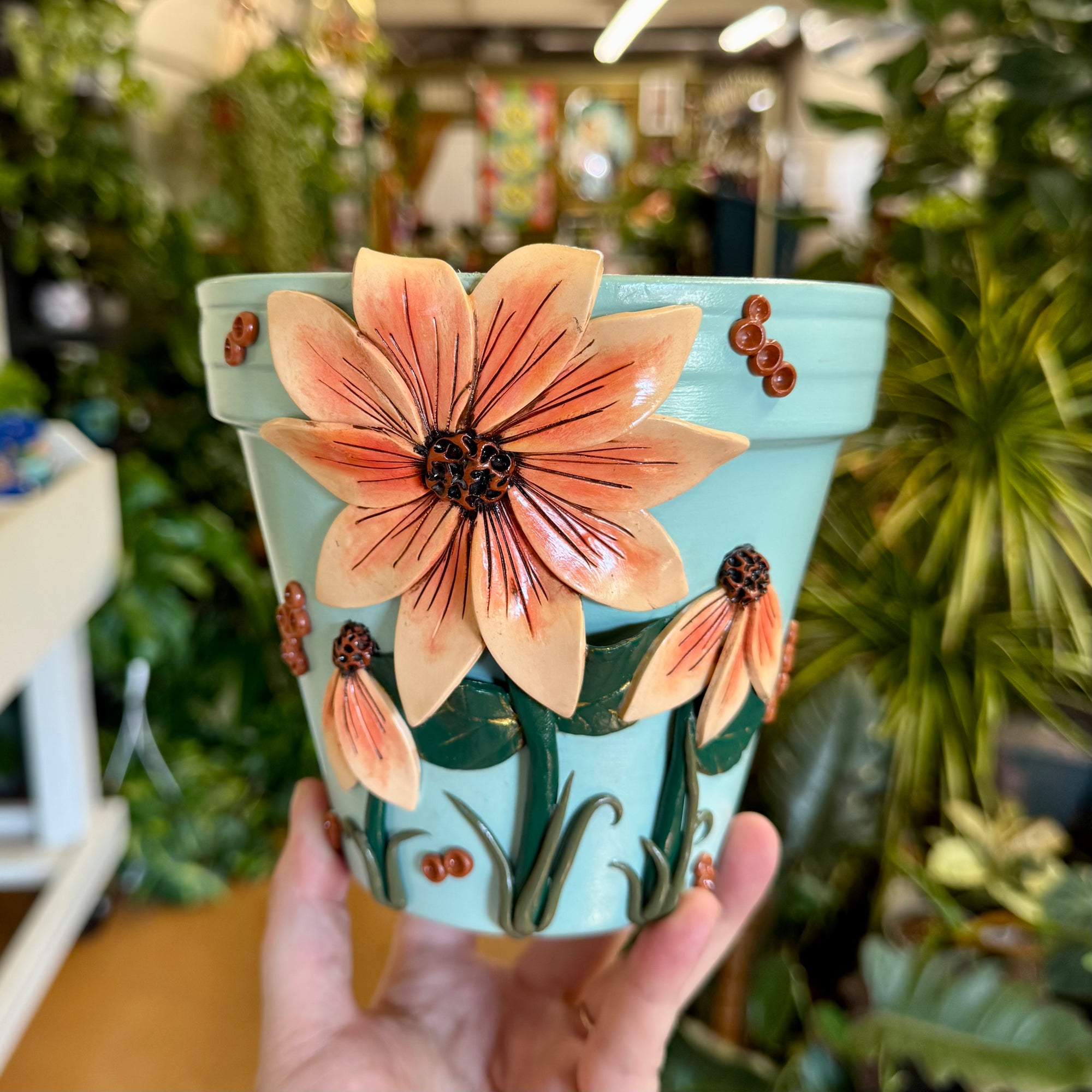 6" Flowers Pot: Sky Blue w/ Peach-Orange Flowers