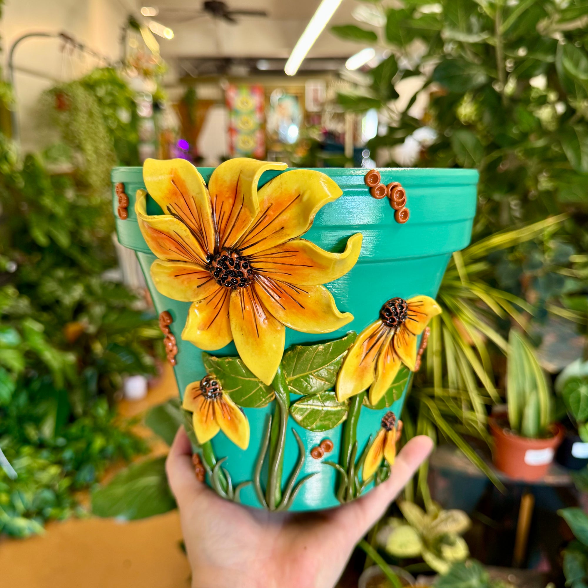 8" Flower Pot: Teal w/ Orange Flowers